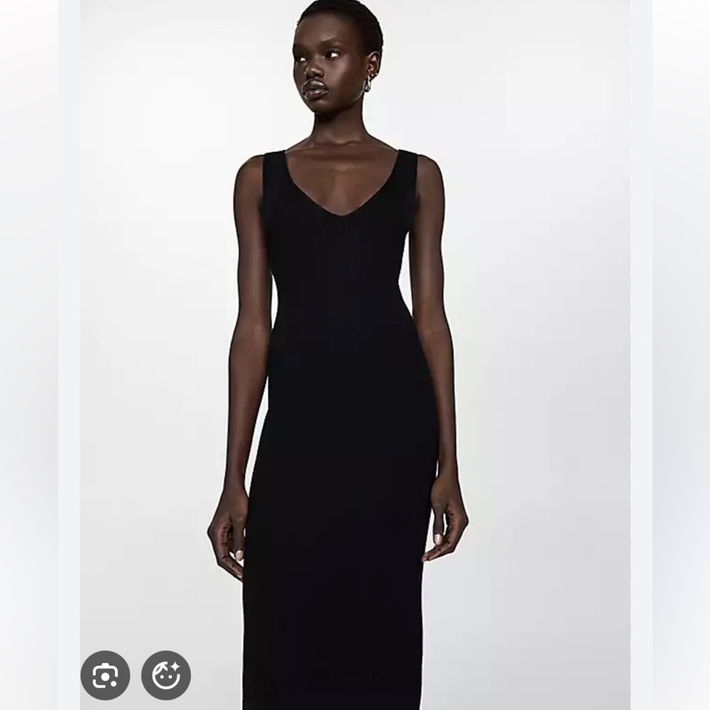 Mango Black V-Neck Ribbed Midi Dress